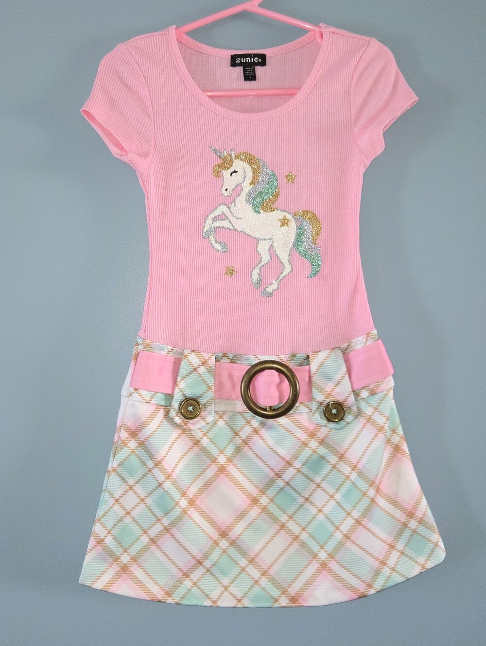 Zunie Pink Unicorn Belted Girls Dress (4T)